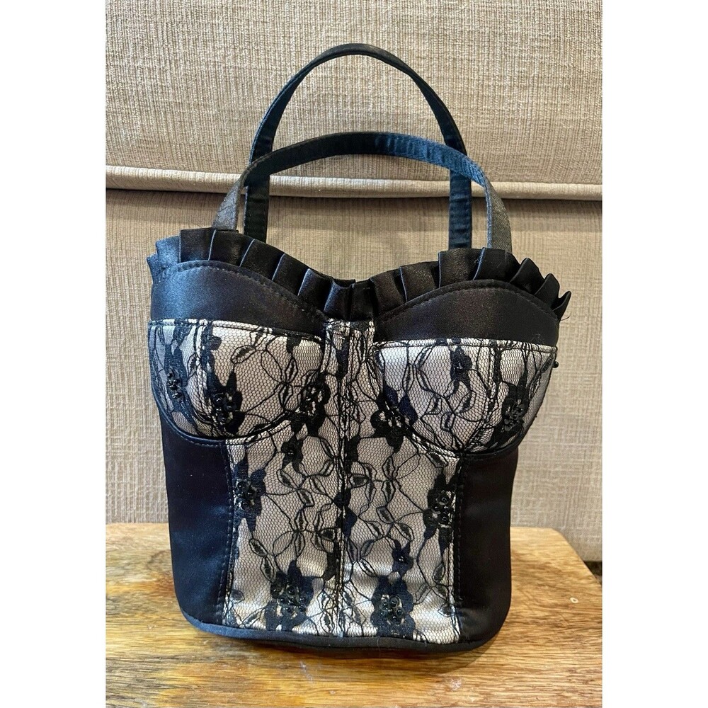 Vintage Black Satin Corset Bustier Shaped Handbag Lace Beaded Purse